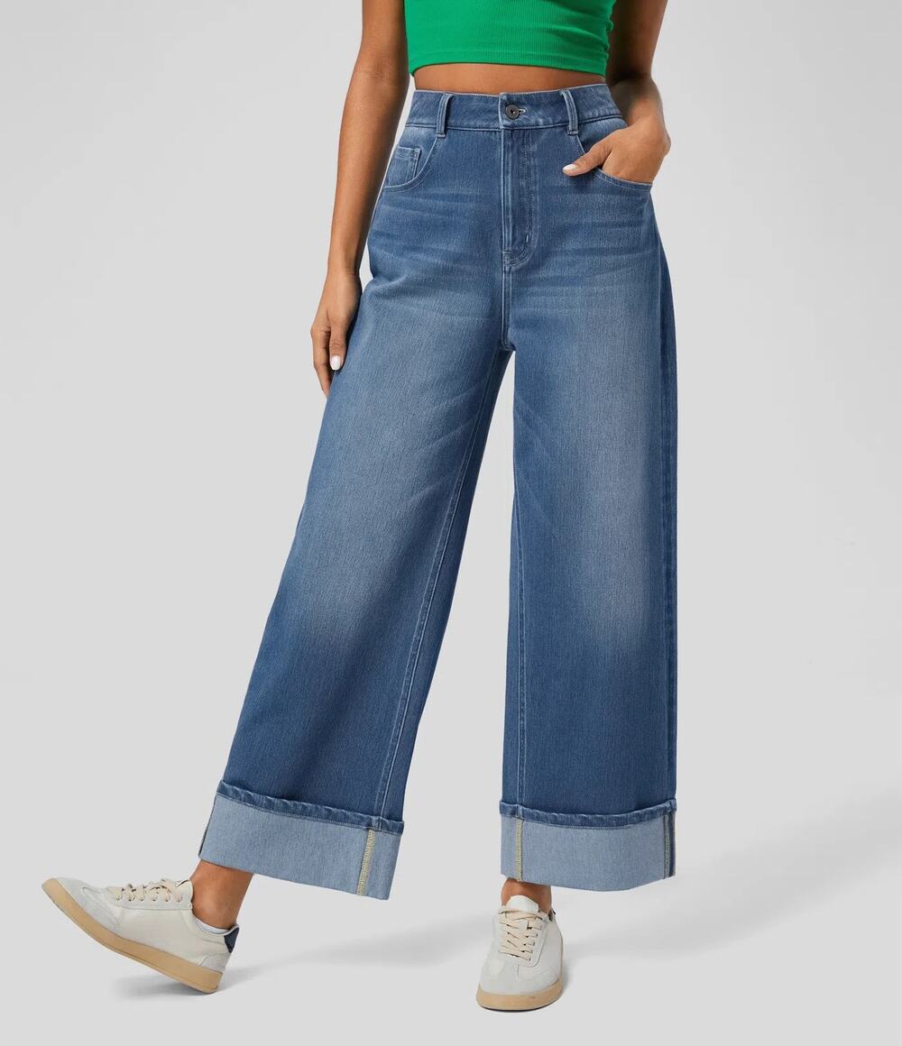 HALARA Blue Spruce High Waisted Pockets Rolled Hem Wide Leg Jeans Size XL Petite